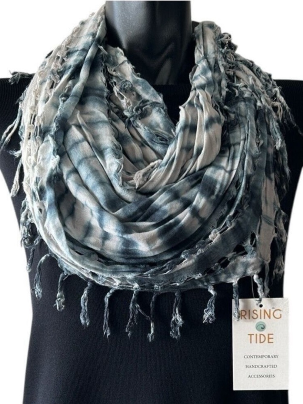 Rising Tide Blue and White Tie Dye Fringed Boho Infinity Scarf NEW